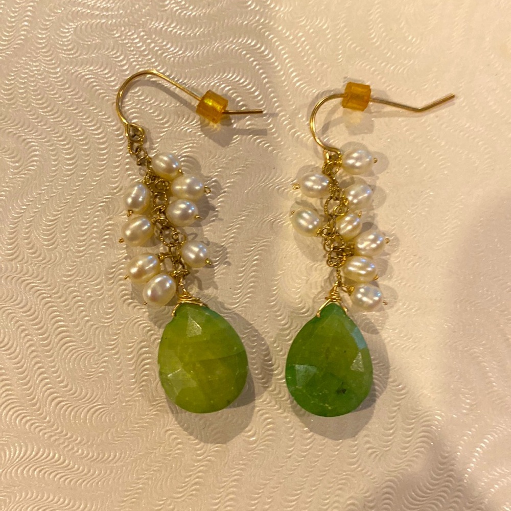 Dangle faux pearl and jade earrings